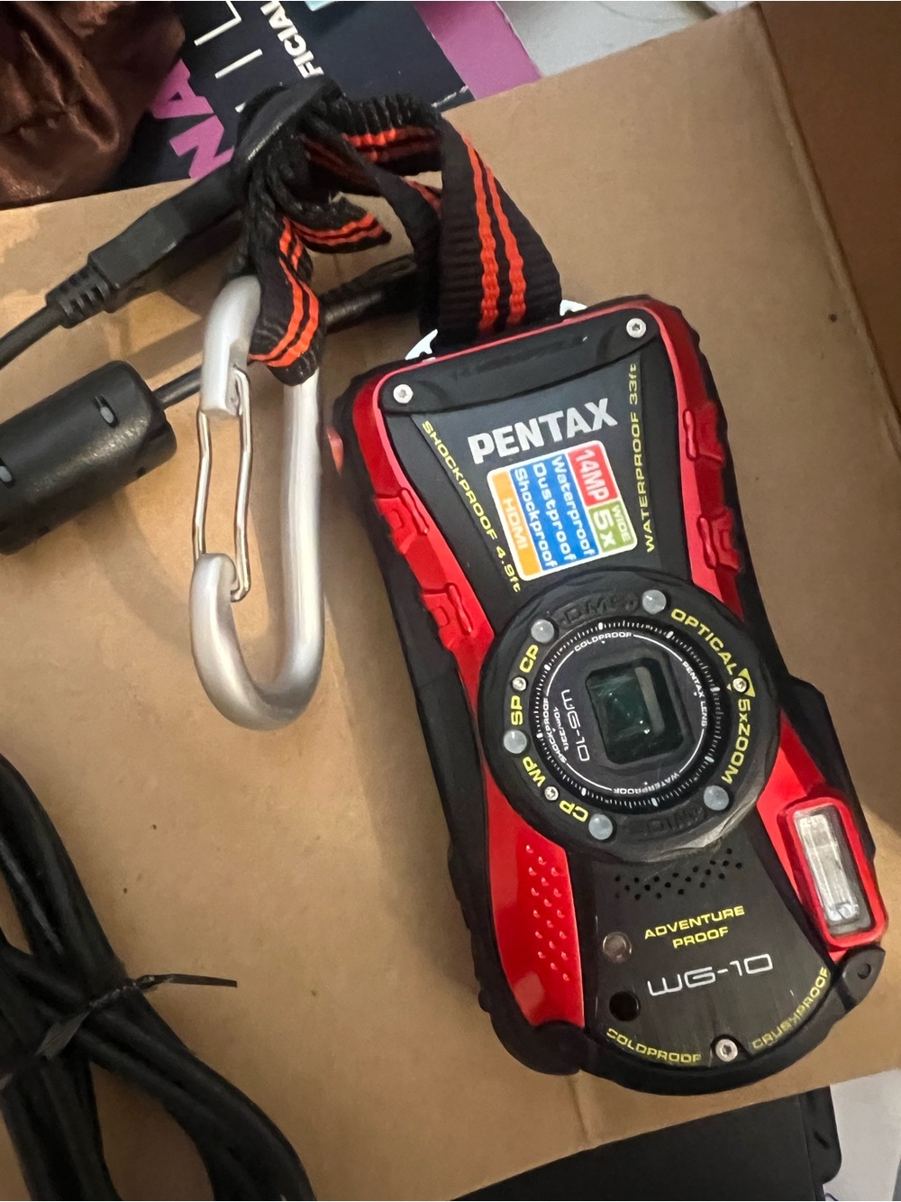 Pentax WG-10 Red and Black Rugged Compact Camera with Carabiner Strap